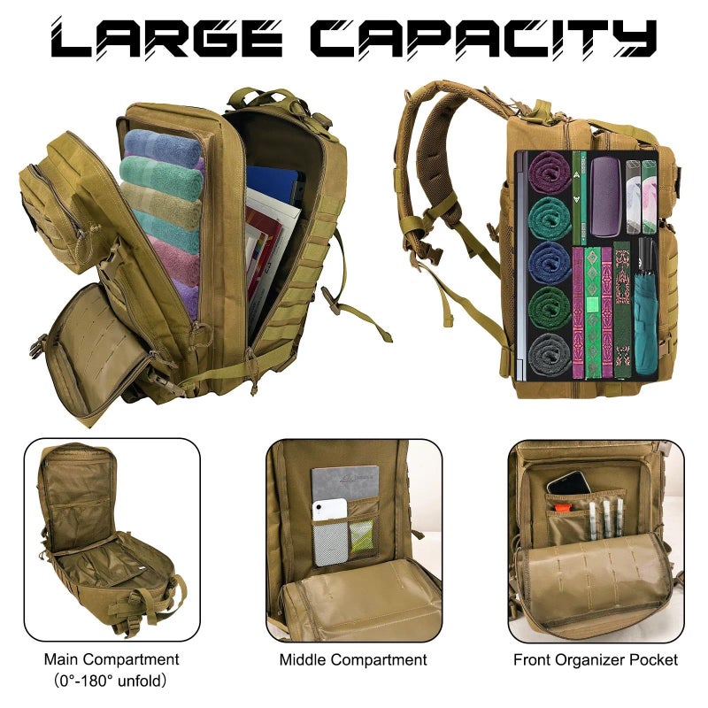 WOLT Military Tactical Backpack for Men 45L Molle Backpack 3 Day Assault Pack Bug Out Bag, Heavy Duty Rucksack for Hiking Gym(Khaki) - Image 4