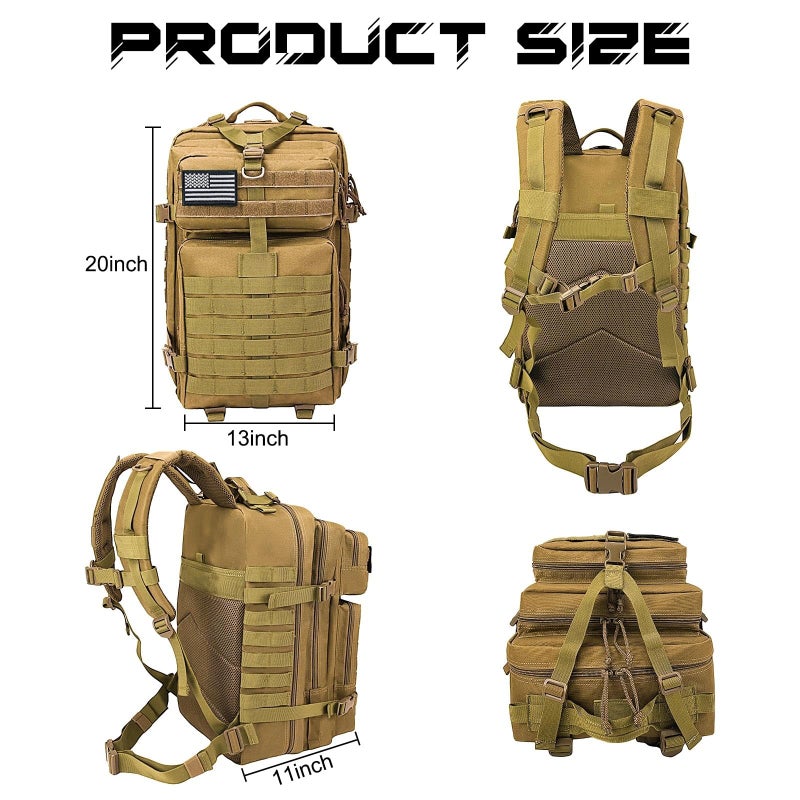 WOLT Military Tactical Backpack for Men 45L Molle Backpack 3 Day Assault Pack Bug Out Bag, Heavy Duty Rucksack for Hiking Gym(Khaki) - Image 2