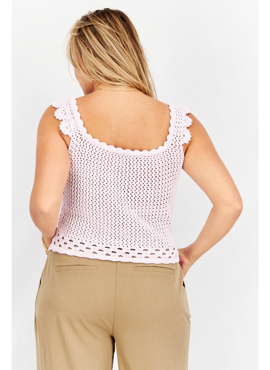 Aqua - Women U-Neck Sleeveless Crochet Top, Lavender - Image 1