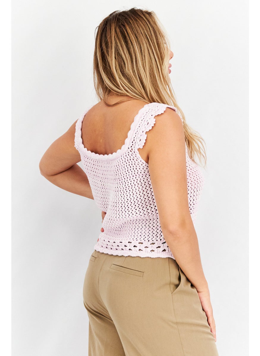 Aqua - Women U-Neck Sleeveless Crochet Top, Lavender - Image 1