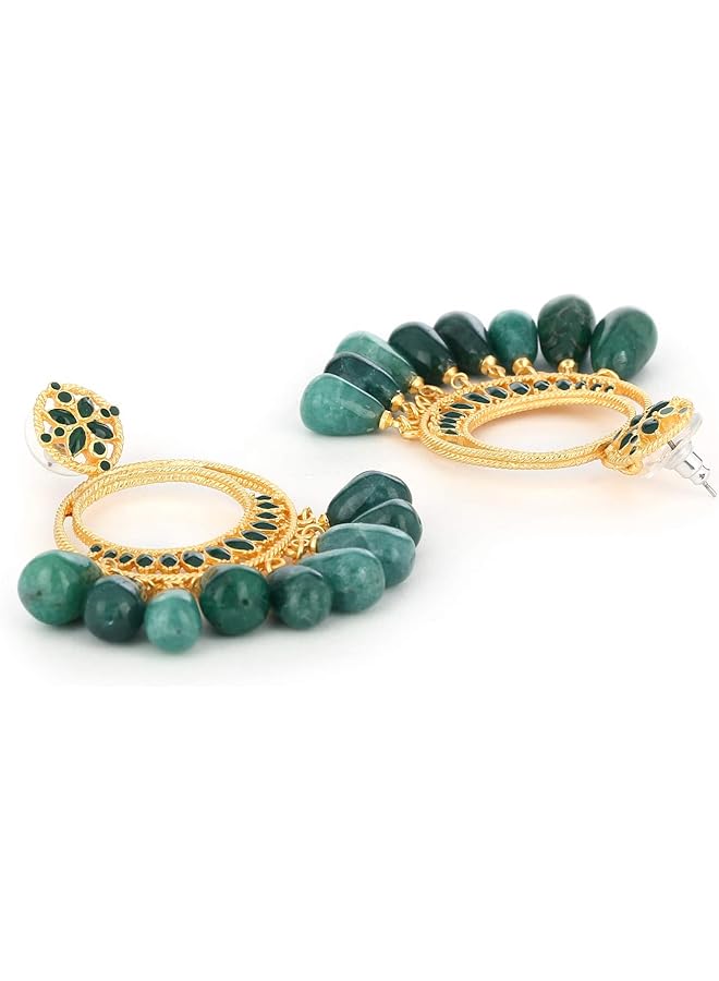Estele Girls/Women's Non Precious Brass Metal 24K Gold Plated Emerald Green Beads Earrings - Image 4