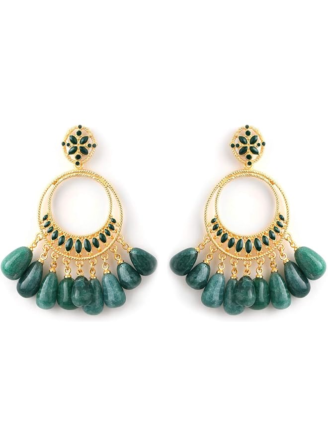 Estele Girls/Women's Non Precious Brass Metal 24K Gold Plated Emerald Green Beads Earrings - Image 1