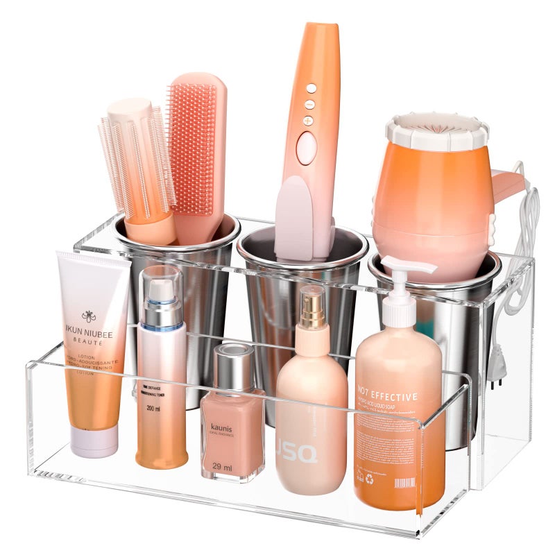 NIUBEE Hair Tool Organizer Acrylic Hair Dryer and Styling Holder Bathroom Countertop Blow Dryer Organizer Vanity Storage Stand for Accessories Makeup Toiletries Clear