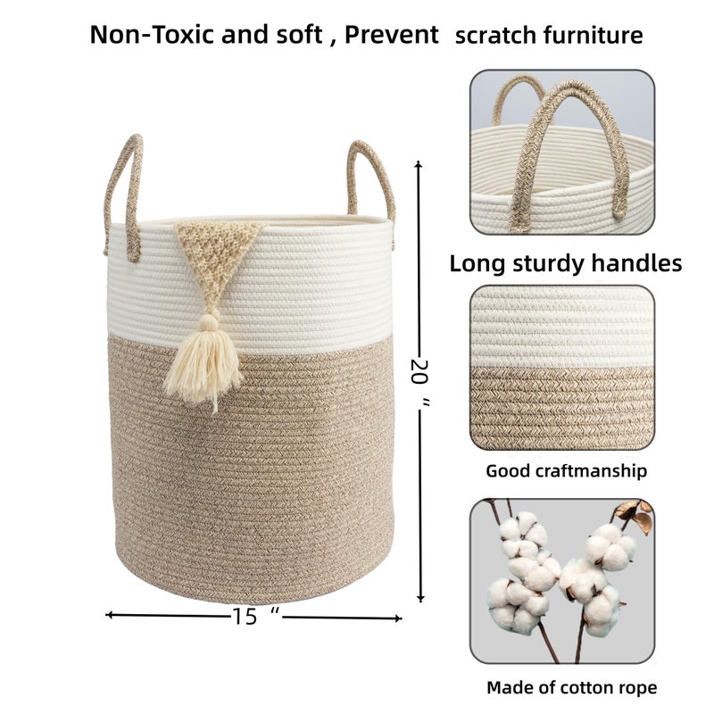 JUNBOLE Woven Cotton Rope Laundry basket-15â€X20â€ Laundry Hamper-Rope Storage Basket for Dirty Clothes, Toys and Blankets Perfect for Bathroom, Baby nursery and Living Room Storage (white and brown) - Image 2