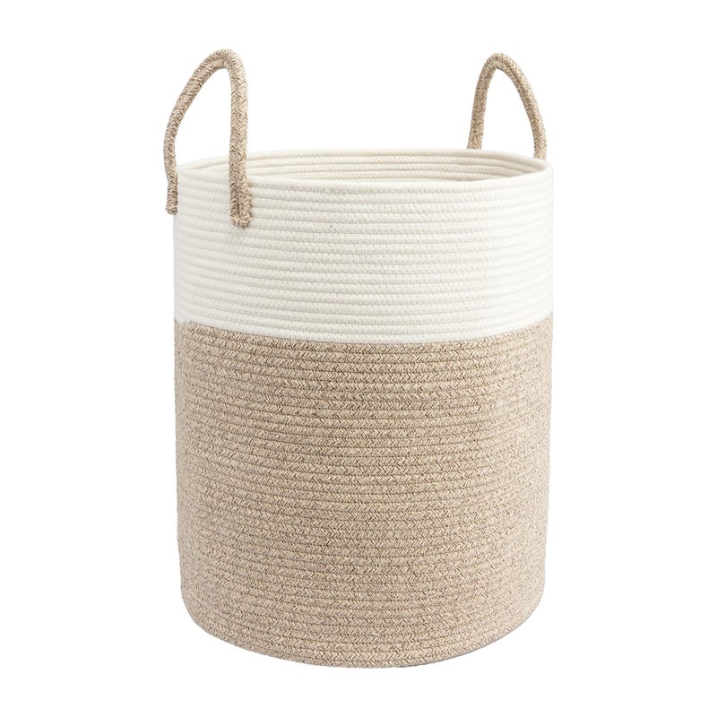 JUNBOLE Woven Cotton Rope Laundry basket-15â€X20â€ Laundry Hamper-Rope Storage Basket for Dirty Clothes, Toys and Blankets Perfect for Bathroom, Baby nursery and Living Room Storage (white and brown) - Image 1