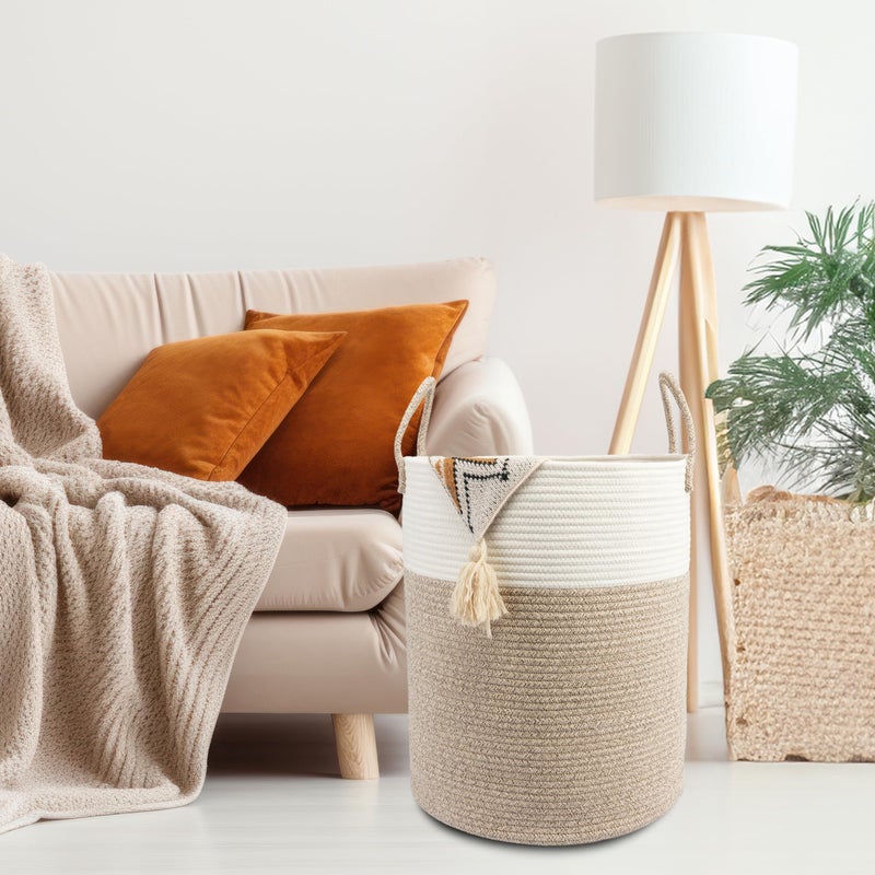 JUNBOLE Woven Cotton Rope Laundry basket-15â€X20â€ Laundry Hamper-Rope Storage Basket for Dirty Clothes, Toys and Blankets Perfect for Bathroom, Baby nursery and Living Room Storage (white and brown) - Image 5