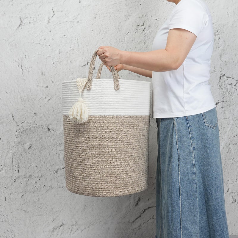 JUNBOLE Woven Cotton Rope Laundry basket-15â€X20â€ Laundry Hamper-Rope Storage Basket for Dirty Clothes, Toys and Blankets Perfect for Bathroom, Baby nursery and Living Room Storage (white and brown) - Image 3