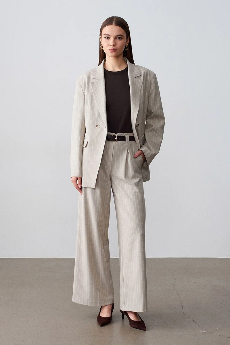 Dilvin Stone Natural DILVIN High-Waist Striped Capri Wide-Leg Trousers for Women | Best Price UAE