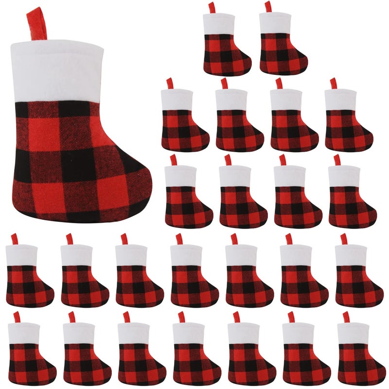 CCINEE 24 Pack Mini Christmas Stockings 7 Red and Black Buffalo Plaid Xmas Stocking with Plush Cuff Small Hanging Stocking Decoration for Holiday Home Wall Fireplace Christmas Tree Decor