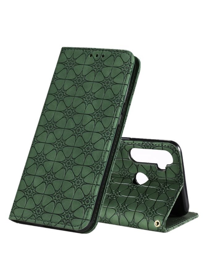 HuHa Case Cover For Realme 5 / C3 / 6i Lucky Flowers Embossing Pattern Magnetic Horizontal Flip Leather Case with Holder & Card Slots Dark Green 