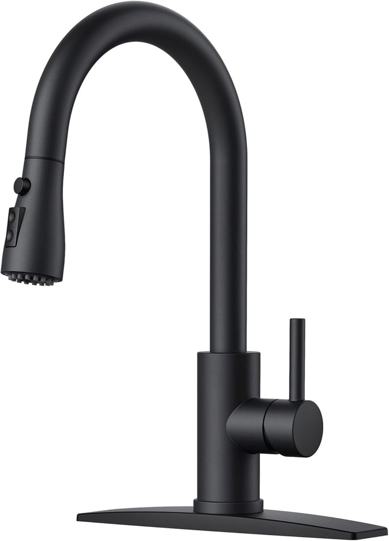 FORIOUS Black Kitchen Faucet with Pull Down Sprayer, Bar High Arc Single Handle Traditional 3 Modes Stainless Steel Faucet for Kitchen Sink Farmhouse RV Laundry Camper - Image 1