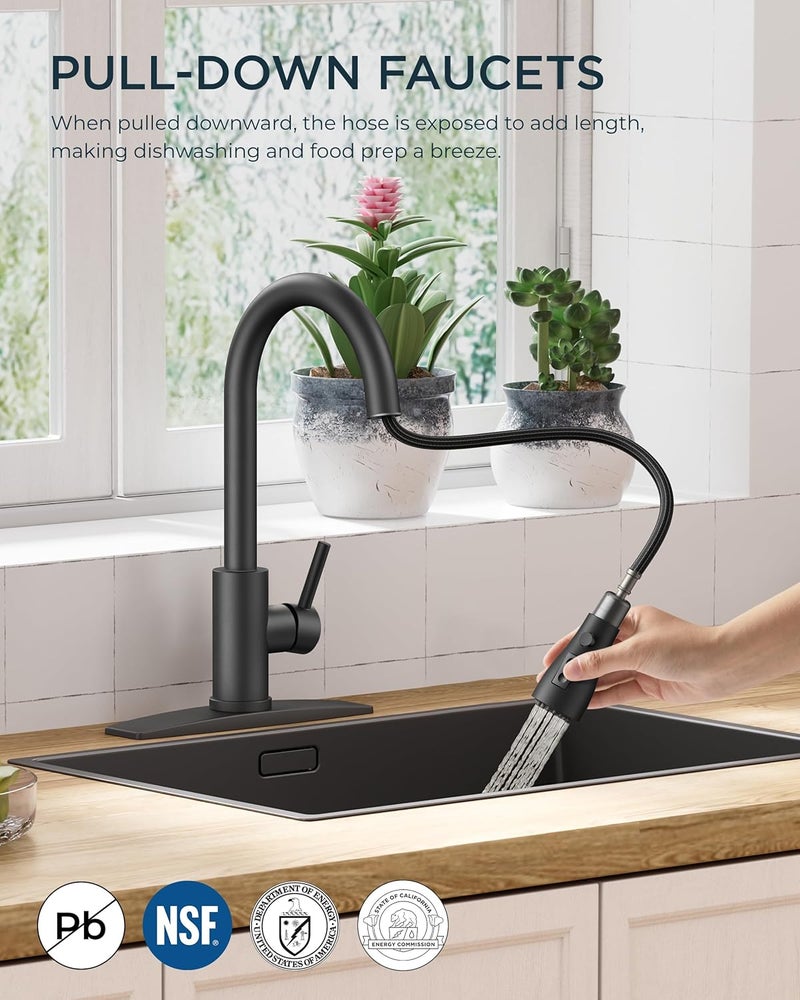 FORIOUS Black Kitchen Faucet with Pull Down Sprayer, Bar High Arc Single Handle Traditional 3 Modes Stainless Steel Faucet for Kitchen Sink Farmhouse RV Laundry Camper - Image 2