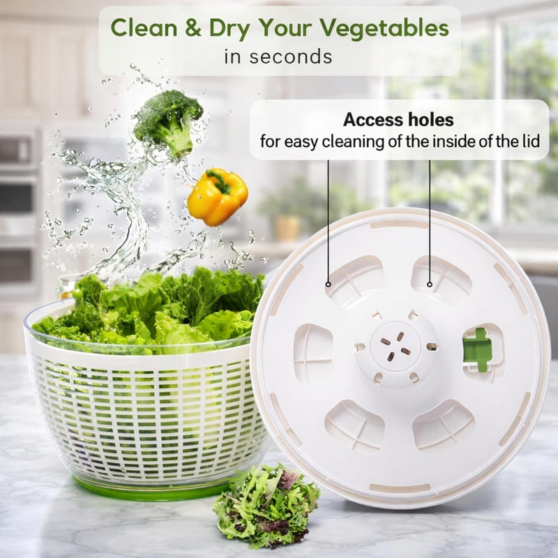 Brieftons QuickPush Salad Spinner: Large 6.3-Quart Vegetable Washer Dryer Strainer Drainer, Easy One-Handed Handle & Brake, Fast Spin Cycles, Compact Storage, to Wash, Clean & Dry Vegetables, Fruits - Image 4