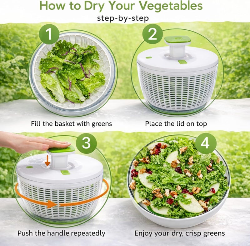 Brieftons QuickPush Salad Spinner: Large 6.3-Quart Vegetable Washer Dryer Strainer Drainer, Easy One-Handed Handle & Brake, Fast Spin Cycles, Compact Storage, to Wash, Clean & Dry Vegetables, Fruits - Image 3