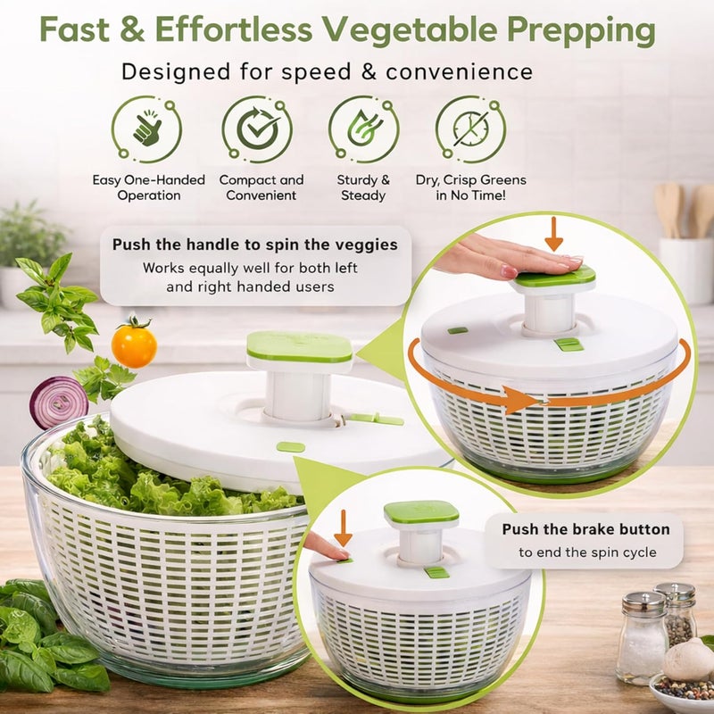Brieftons QuickPush Salad Spinner: Large 6.3-Quart Vegetable Washer Dryer Strainer Drainer, Easy One-Handed Handle & Brake, Fast Spin Cycles, Compact Storage, to Wash, Clean & Dry Vegetables, Fruits - Image 2