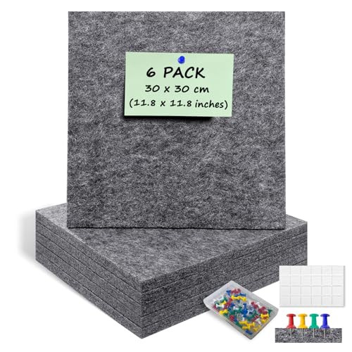 ANLIOTE 6 Pack Felt Bulletin Cork Board Tiles for Wall, 1/2" Thick Self Adhesive Pinboard Squares with 60 Pushpins, Felt Panels Wall Organizer for Photos, Pictures, Memos (11.8"x11.8"- Dark Grey) - Image 1