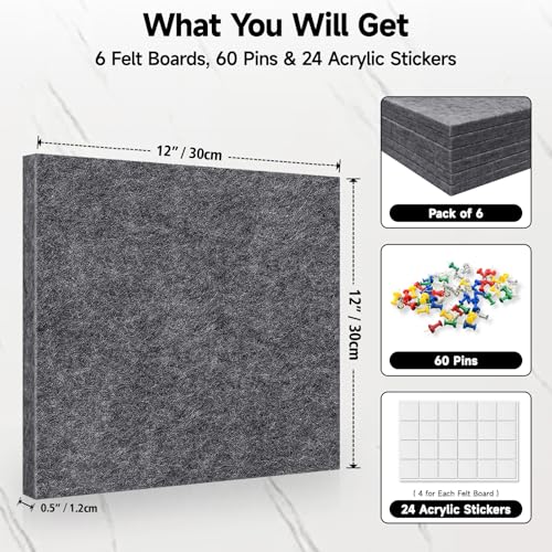 ANLIOTE 6 Pack Felt Bulletin Cork Board Tiles for Wall, 1/2" Thick Self Adhesive Pinboard Squares with 60 Pushpins, Felt Panels Wall Organizer for Photos, Pictures, Memos (11.8"x11.8"- Dark Grey) - Image 5