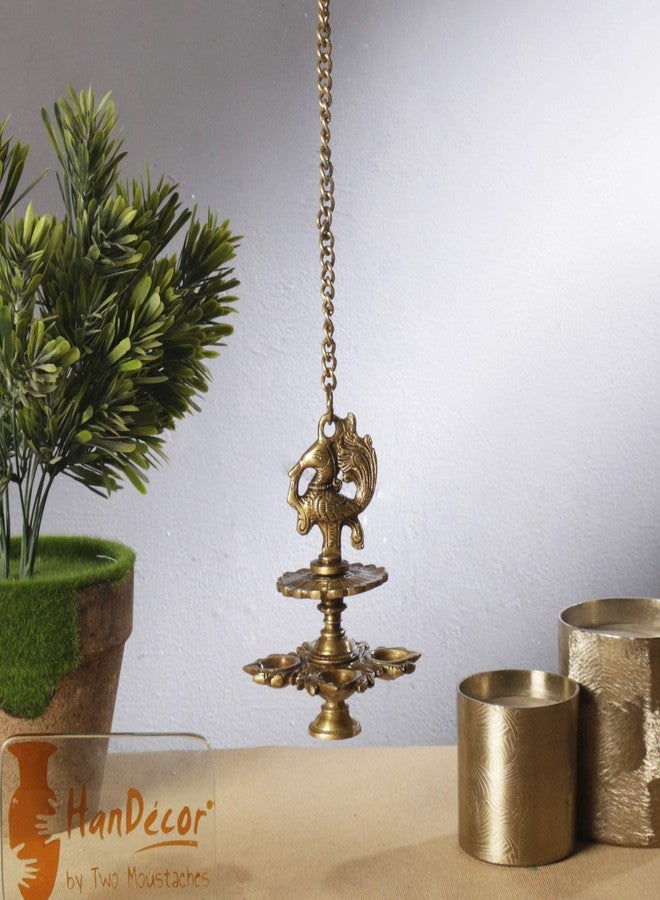 Two Moustaches Handmade Peacock Design 4 Oil Wick Brass Hanging Diya for Home Decor, Temple Decor , Diyas for Return Gifts , Diwali Lamp , Diwali Decoration, Housewarming Gifts , Standard , Pack of 1 - Image 3