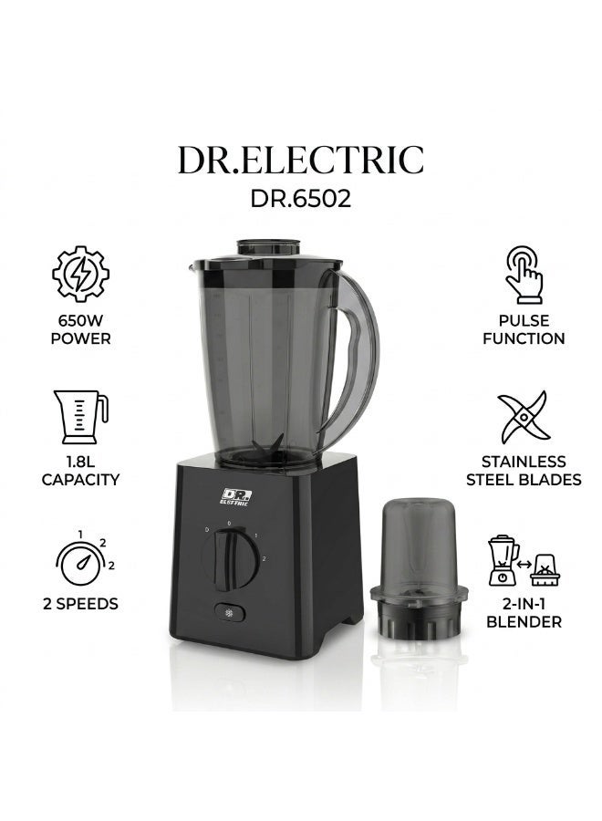 DR.ELECTRIC 2-in-1 Electric Blender, 650W, 1.8L, 2 Speeds with Pulse, Stainless Steel Blades, Black, DR.6502 - Image 1
