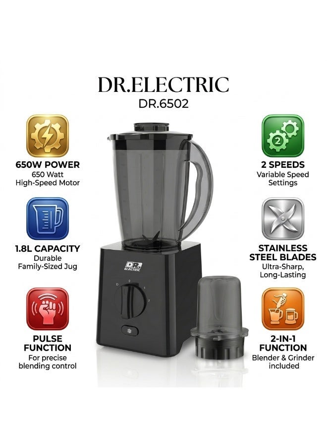 DR.ELECTRIC 2-in-1 Electric Blender, 650W, 1.8L, 2 Speeds with Pulse, Stainless Steel Blades, Black, DR.6502 - Image 3