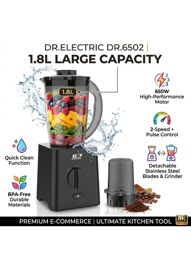 DR.ELECTRIC 2-in-1 Electric Blender, 650W, 1.8L, 2 Speeds with Pulse, Stainless Steel Blades, Black, DR.6502 - Image 4