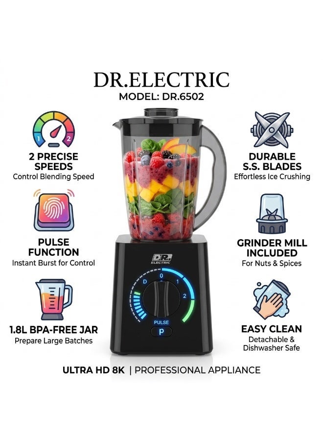 DR.ELECTRIC 2-in-1 Electric Blender, 650W, 1.8L, 2 Speeds with Pulse, Stainless Steel Blades, Black, DR.6502 - Image 2