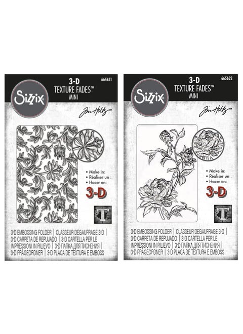 Tim Holtz Sizzix 3D Texture Fades Mini Roses and Mini Botanical Bundle of 2 Embossing Folders 665631 665632