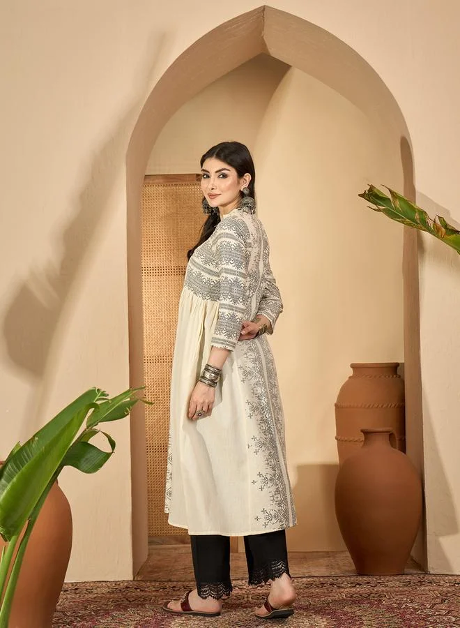 Sanskrutihomes Multi-Color Abstract Print Mandarin Collar Kurta and Lace Hem Solid Pants Set