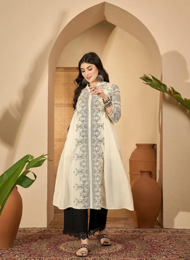 Sanskrutihomes Multi-Color Abstract Print Mandarin Collar Kurta and Lace Hem Solid Pants Set