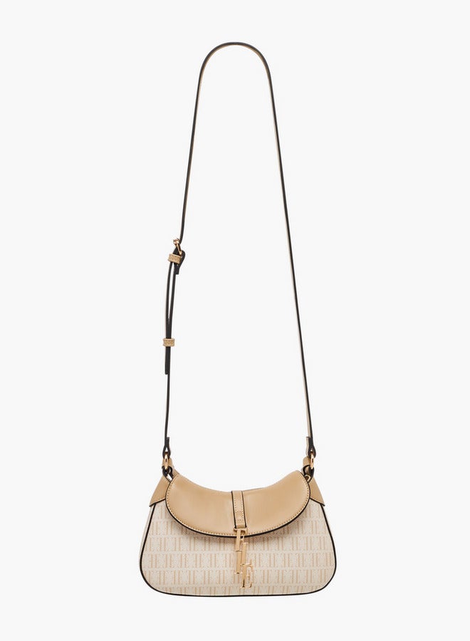 ELLE Monogram Print Crossbody Bag with Adjustable Strap and Flap Closure  - Image 3