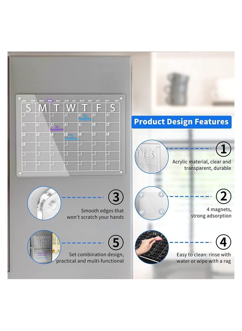 Magnetic wet Erase Calendar Board for Fridge Clear 2 Set Acrylic Calendar Planner Board for Refrigerator Reusable Calendar Whiteboard Includes 6 Markers 3 Colors