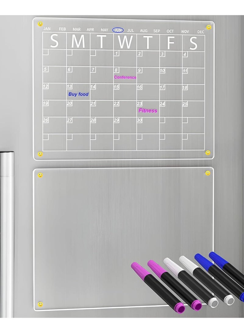 Magnetic wet Erase Calendar Board for Fridge Clear 2 Set Acrylic Calendar Planner Board for Refrigerator Reusable Calendar Whiteboard Includes 6 Markers 3 Colors