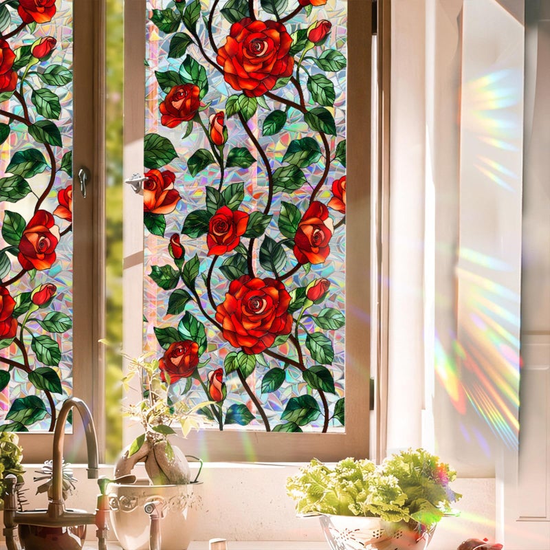 Aomkmi Stained Glass Window Film, Rose Floral Privacy UV Resistant, Removable Static Cling Rainbow Window Decals, Sun Blocking Decor for Bedroom Living Room, 16.93x78.74 Inch - Image 1