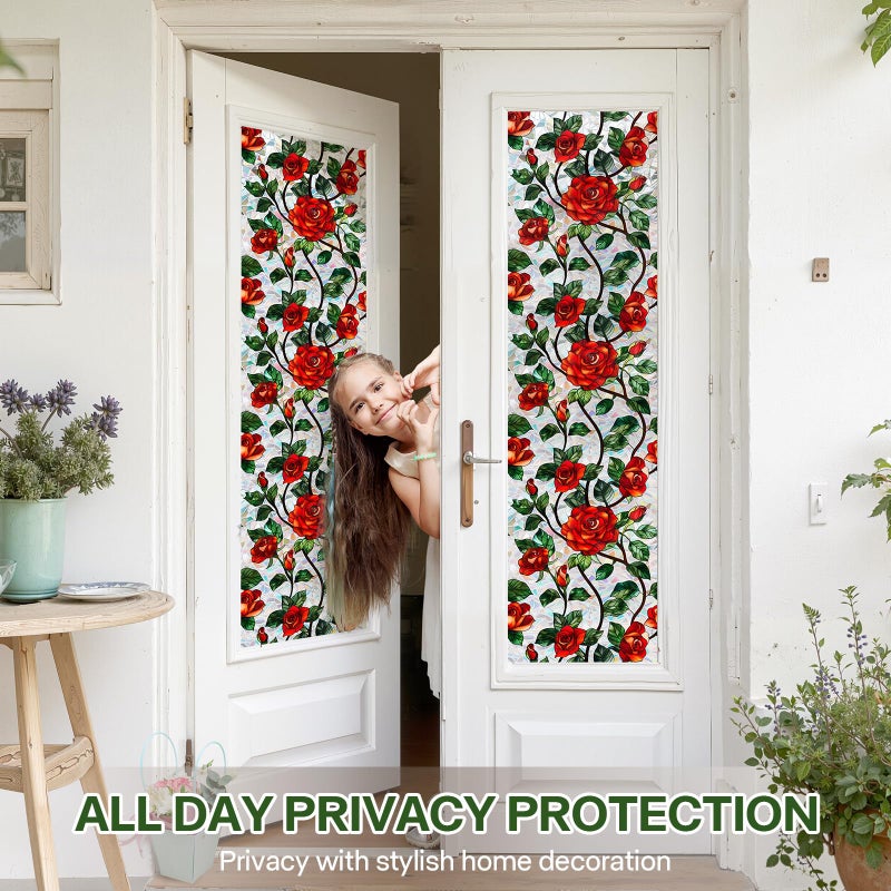 Aomkmi Stained Glass Window Film, Rose Floral Privacy UV Resistant, Removable Static Cling Rainbow Window Decals, Sun Blocking Decor for Bedroom Living Room, 16.93x78.74 Inch - Image 3