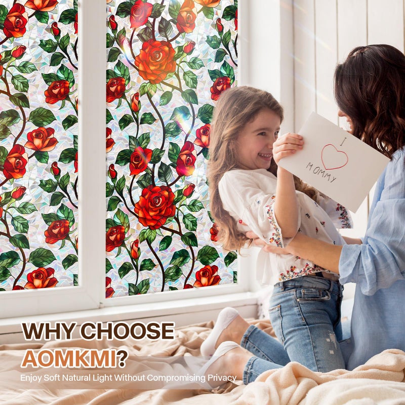 Aomkmi Stained Glass Window Film, Rose Floral Privacy UV Resistant, Removable Static Cling Rainbow Window Decals, Sun Blocking Decor for Bedroom Living Room, 16.93x78.74 Inch - Image 2