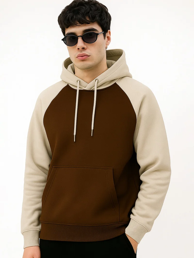 Maniac Maniac Mens Color Block Hooded Neck Raglan Full Sleeve Biscuit and Brown Cotton Fleece Sweatshirt