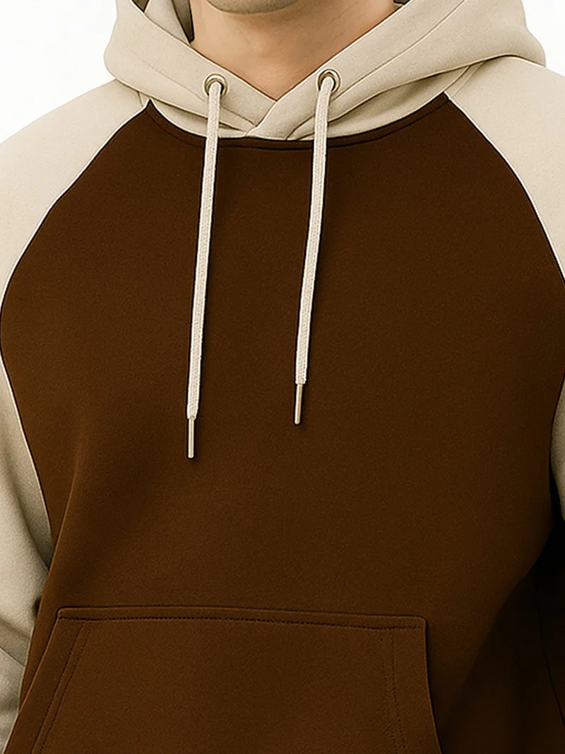 Maniac  Maniac Mens Color Block Hooded Neck Raglan Full Sleeve Biscuit and Brown Cotton Fleece Sweatshirt for Men | Best Price UAE