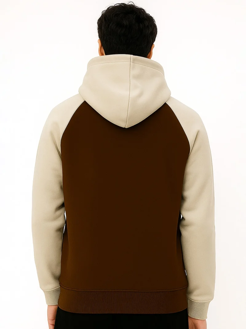 Maniac Maniac Mens Color Block Hooded Neck Raglan Full Sleeve Biscuit and Brown Cotton Fleece Sweatshirt