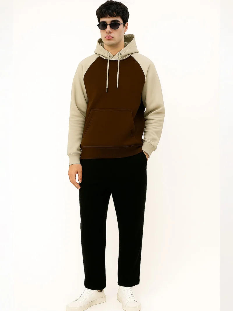 Maniac  Maniac Mens Color Block Hooded Neck Raglan Full Sleeve Biscuit and Brown Cotton Fleece Sweatshirt for Men | Best Price UAE