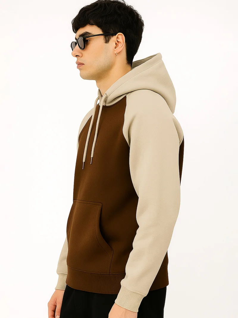 Maniac  Maniac Mens Color Block Hooded Neck Raglan Full Sleeve Biscuit and Brown Cotton Fleece Sweatshirt for Men | Best Price UAE
