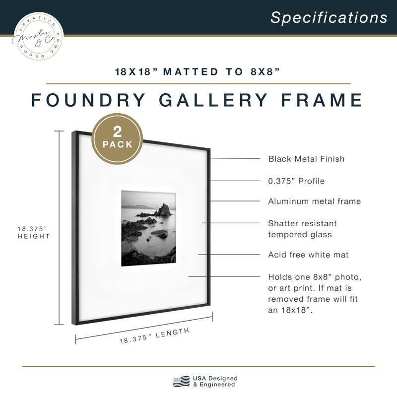 MCS Master & Co. Foundry Metal 18x18 Matted Picture Frame with 8x8 Photo Display, Black Vertical & Horizontal Wall Hanging Frame for Photos & Artwork (2-Pack) - Image 3