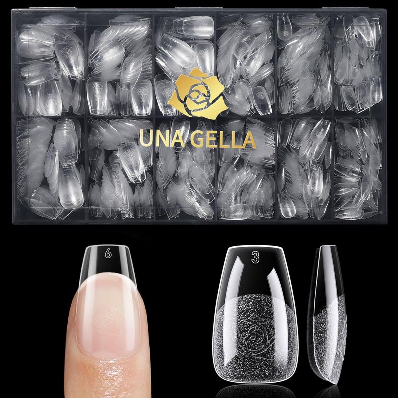 UNA GELLA Short Coffin Nail Tips 600Pcs Short Coffin Gel Nails Tips Pre Etched 12 Sizes Soft Gel Fake Nails Tips Prefile Full Cover for Nail Extension Home DIY Salon with Box