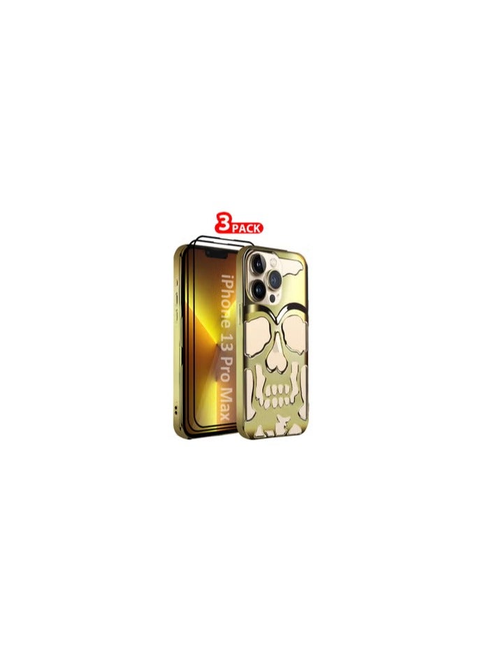 CATANES iPhone 13 Pro Max 3Packs Skull Case Cover Soft TPU and Glossy with Two 3D Shockproof Screen Protector - Gold - Image 1