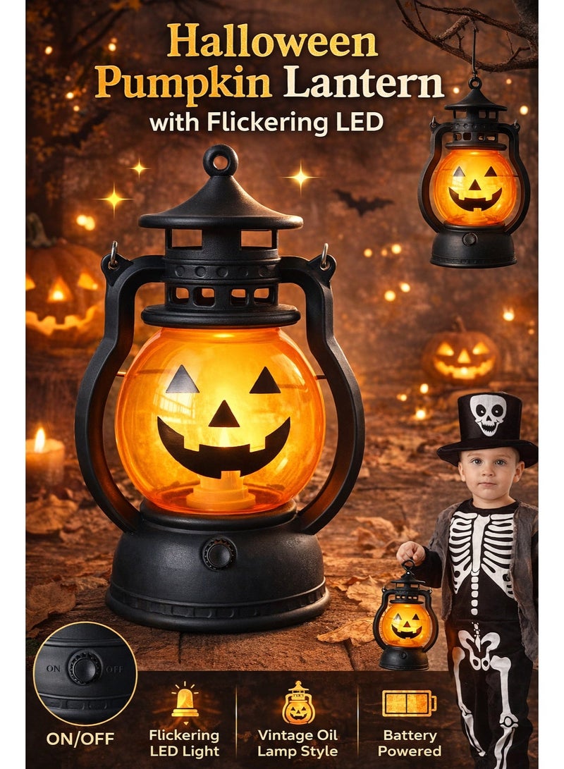 ARNOTEC Halloween Pumpkin Lantern with Flickering LED, Portable Jack-O’-Lantern Light, Vintage Handheld Oil Lamp Style, Battery Powered Hanging Pumpkin Decoration for Kids, Party, Porch & Home Decor - Image 1
