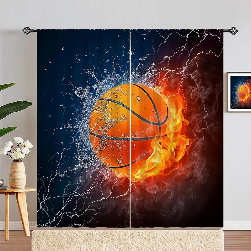 ستائر كرة سلة للأطفال مقاس 42 × 63 بوصة بجيوب قضيب، رياضة، كرة نارية، ماء، لهب، رعد، برق، نمط مطبوع، ستائر نافذة من القماش للخصوصية، لغرفة نوم الأولاد وغرفة الأطفال وغرفة اللعب، لوحتان. - Image 3