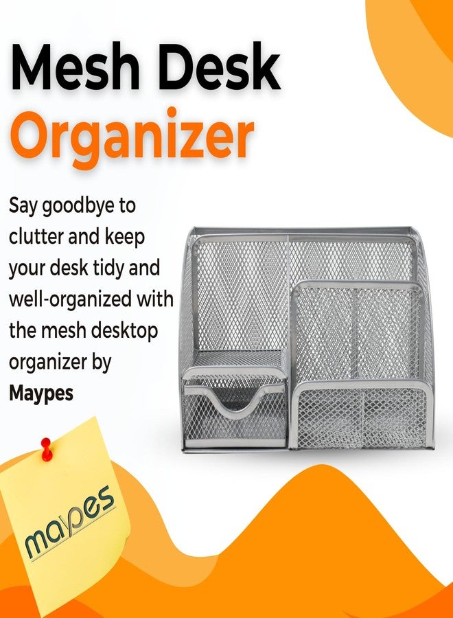Maypes Mesh Desk Organizer - Office Desk Organizer with Sticky Notes - Desk Accessories Organizer with 6 Compartments and Drawer - Desk Caddy Pen Holder Organizer for Home, Office, School - Image 3