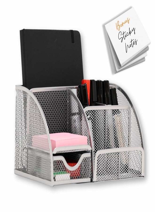 Maypes Mesh Desk Organizer - Office Desk Organizer with Sticky Notes - Desk Accessories Organizer with 6 Compartments and Drawer - Desk Caddy Pen Holder Organizer for Home, Office, School - Image 1