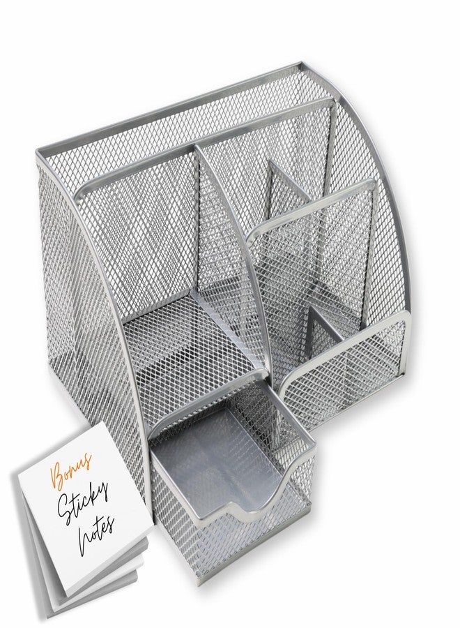 Maypes Mesh Desk Organizer - Office Desk Organizer with Sticky Notes - Desk Accessories Organizer with 6 Compartments and Drawer - Desk Caddy Pen Holder Organizer for Home, Office, School - Image 2
