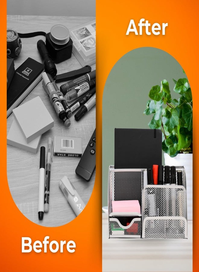 Maypes Mesh Desk Organizer - Office Desk Organizer with Sticky Notes - Desk Accessories Organizer with 6 Compartments and Drawer - Desk Caddy Pen Holder Organizer for Home, Office, School - Image 5