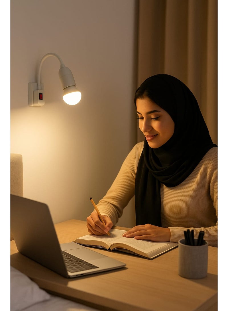 حامل مصباح LED قابل للتركيب بمقبس E27 مع مفتاح تشغيل/إيقاف – ذراع مرن قابل للتعديل للإضاءة في غرفة النوم أو المكتب – أبيض - Image 2